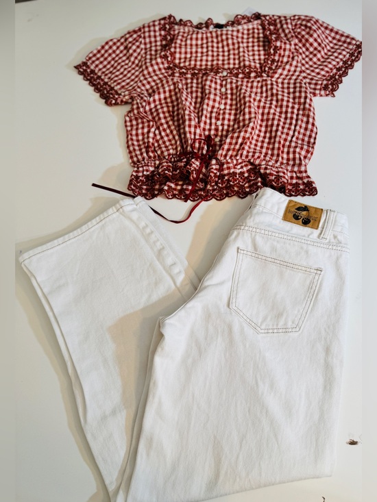 White Fox Boutique Pants - NEW Red Gingham Eyelet Smocked Crop Top WHITE FOX loose, wide leg cream jeans!
